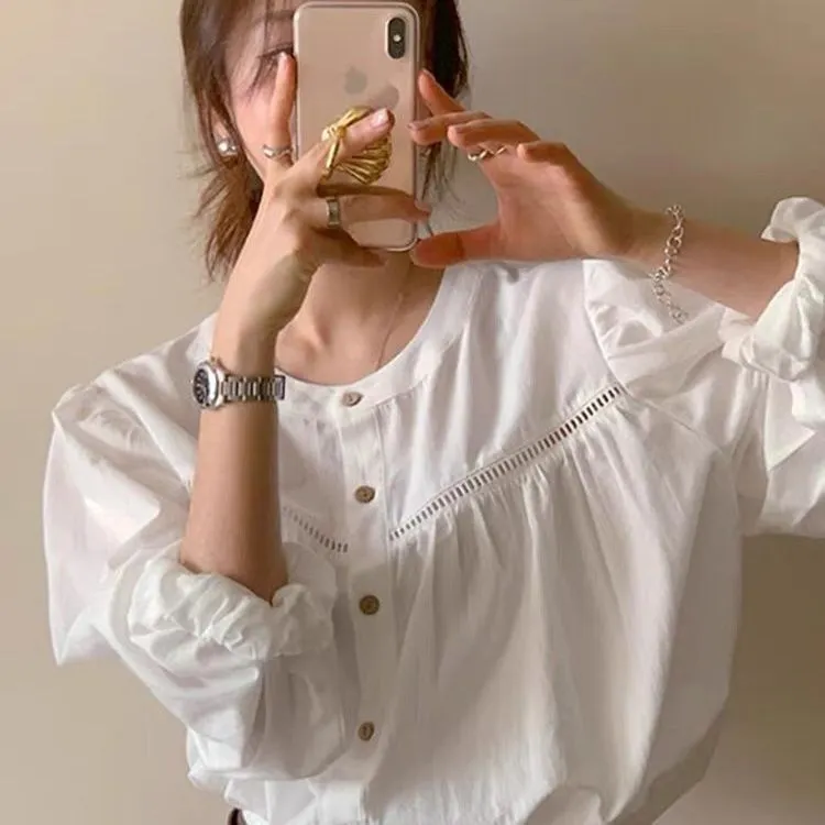 Spliced hollow lace versatile sweet solid color shirt