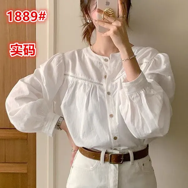 Spliced hollow lace versatile sweet solid color shirt