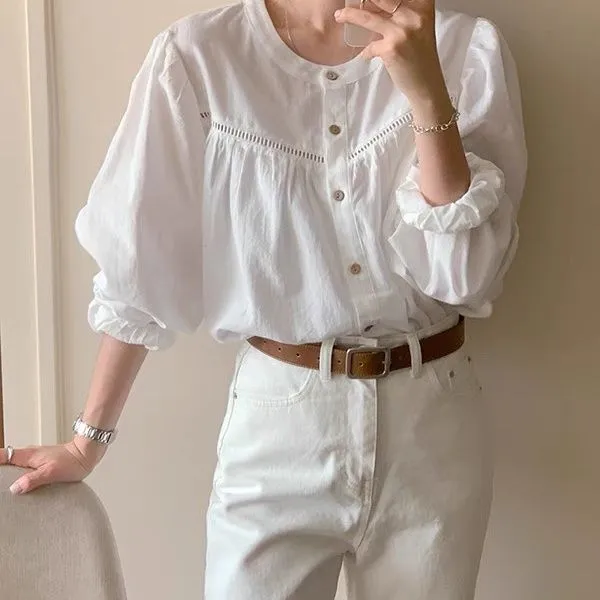 Spliced hollow lace versatile sweet solid color shirt