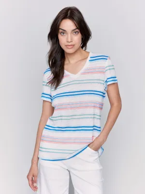 Striped Linen Blend V-Neck T-Shirt - Lilypad