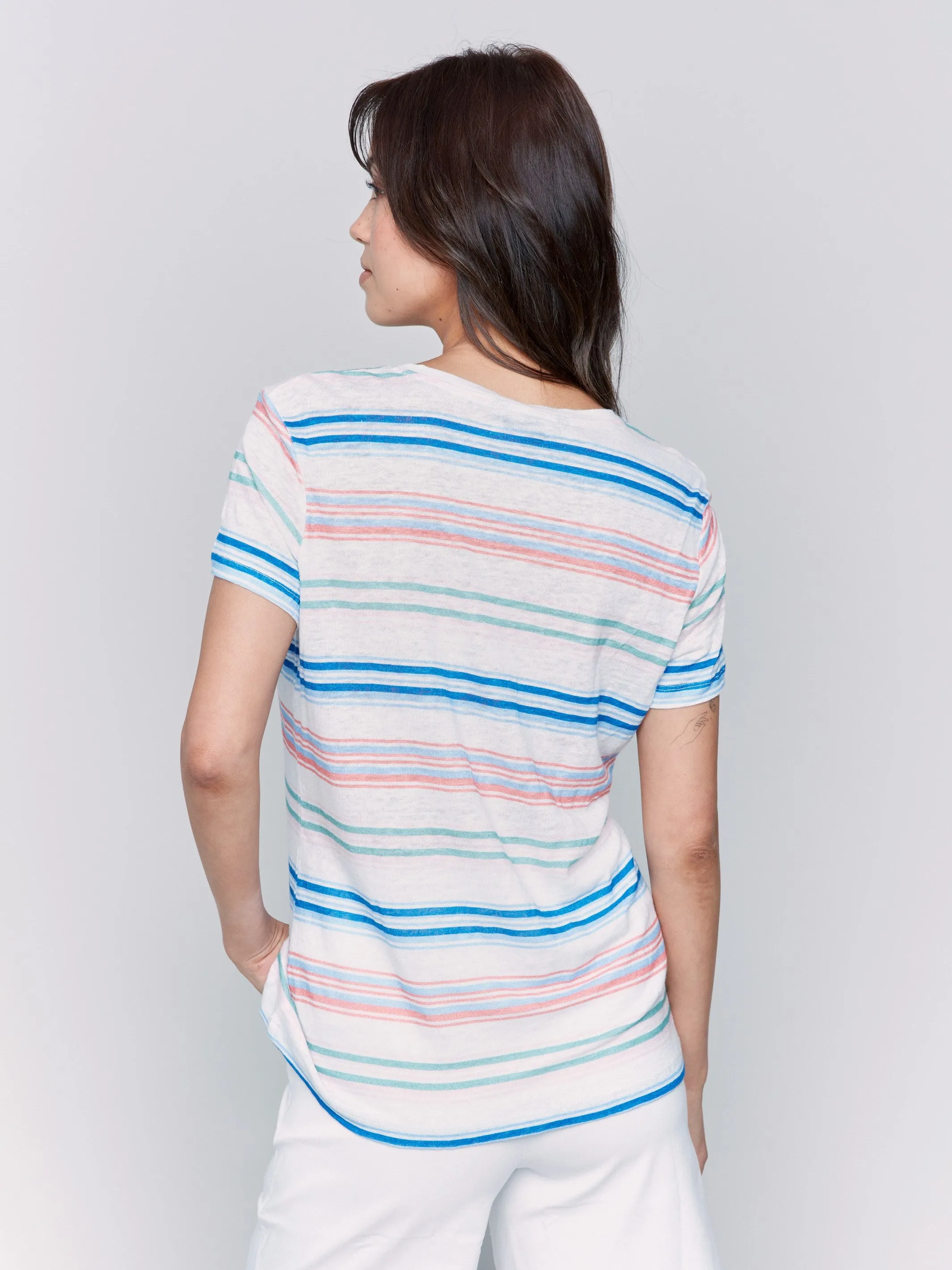 Striped Linen Blend V-Neck T-Shirt - Lilypad