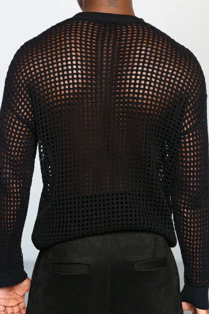Summer Men's Casual Versatile Hollow Round Neck Long Sleeve T-Shirt