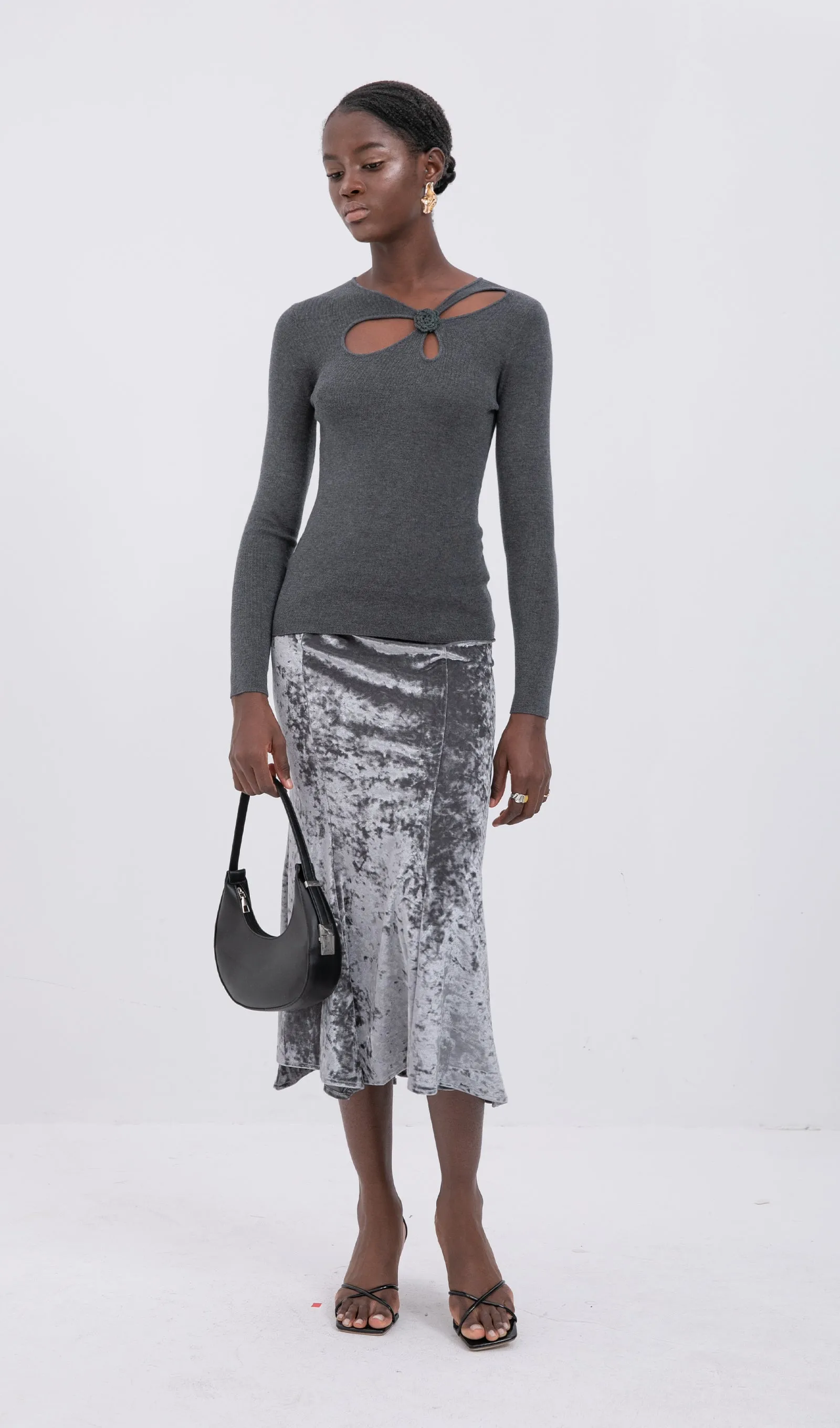 Trendy High Waist Velvet Midi Skirt-Silver