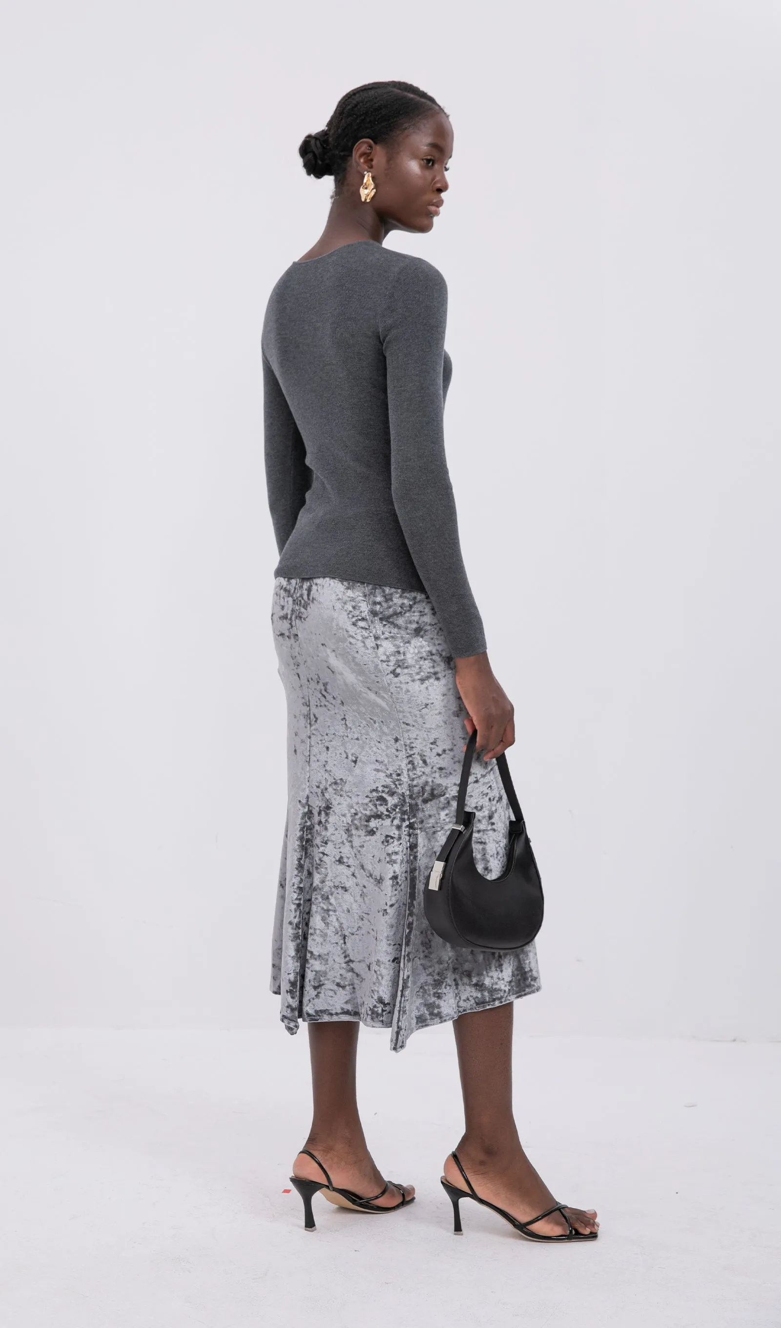 Trendy High Waist Velvet Midi Skirt-Silver