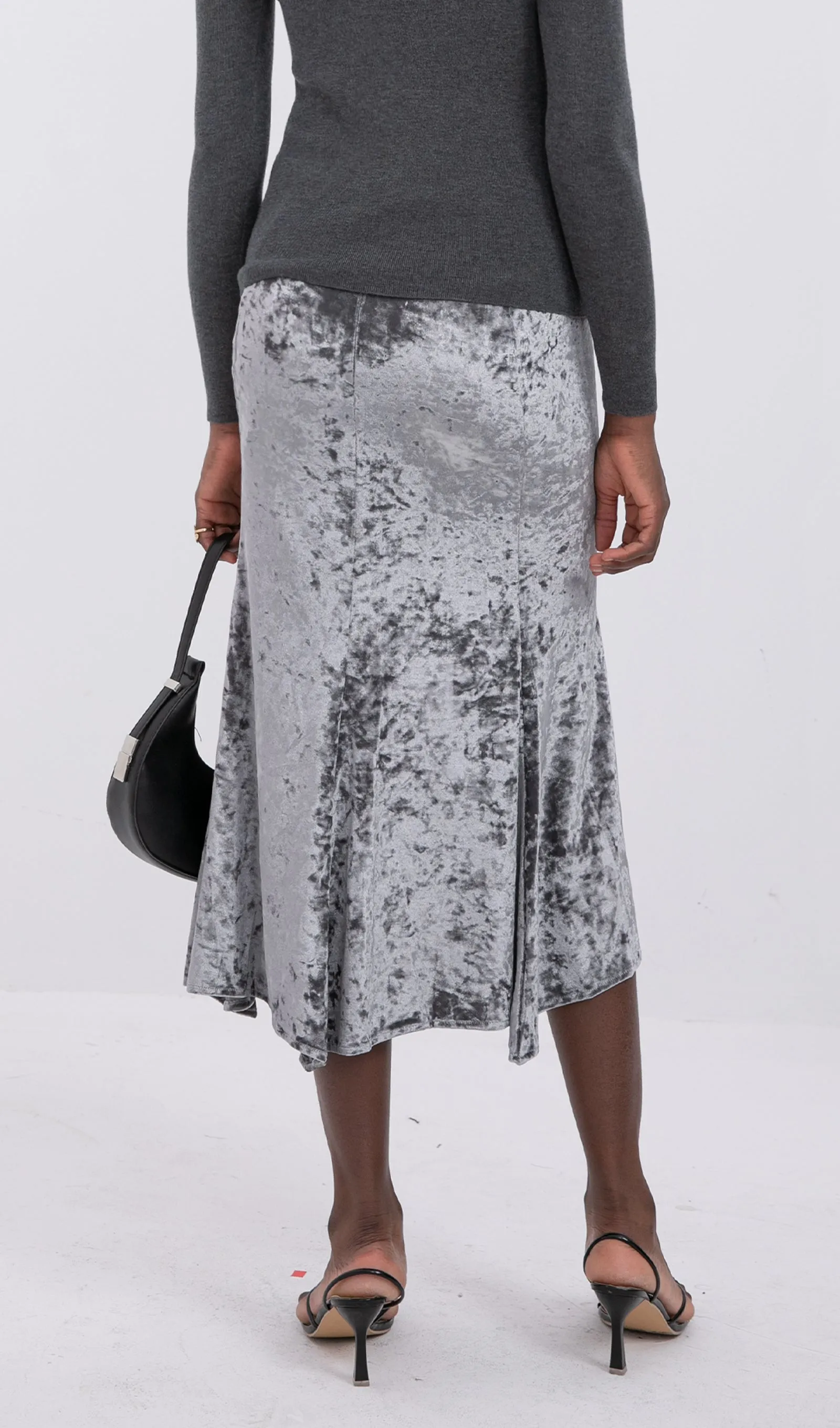 Trendy High Waist Velvet Midi Skirt-Silver