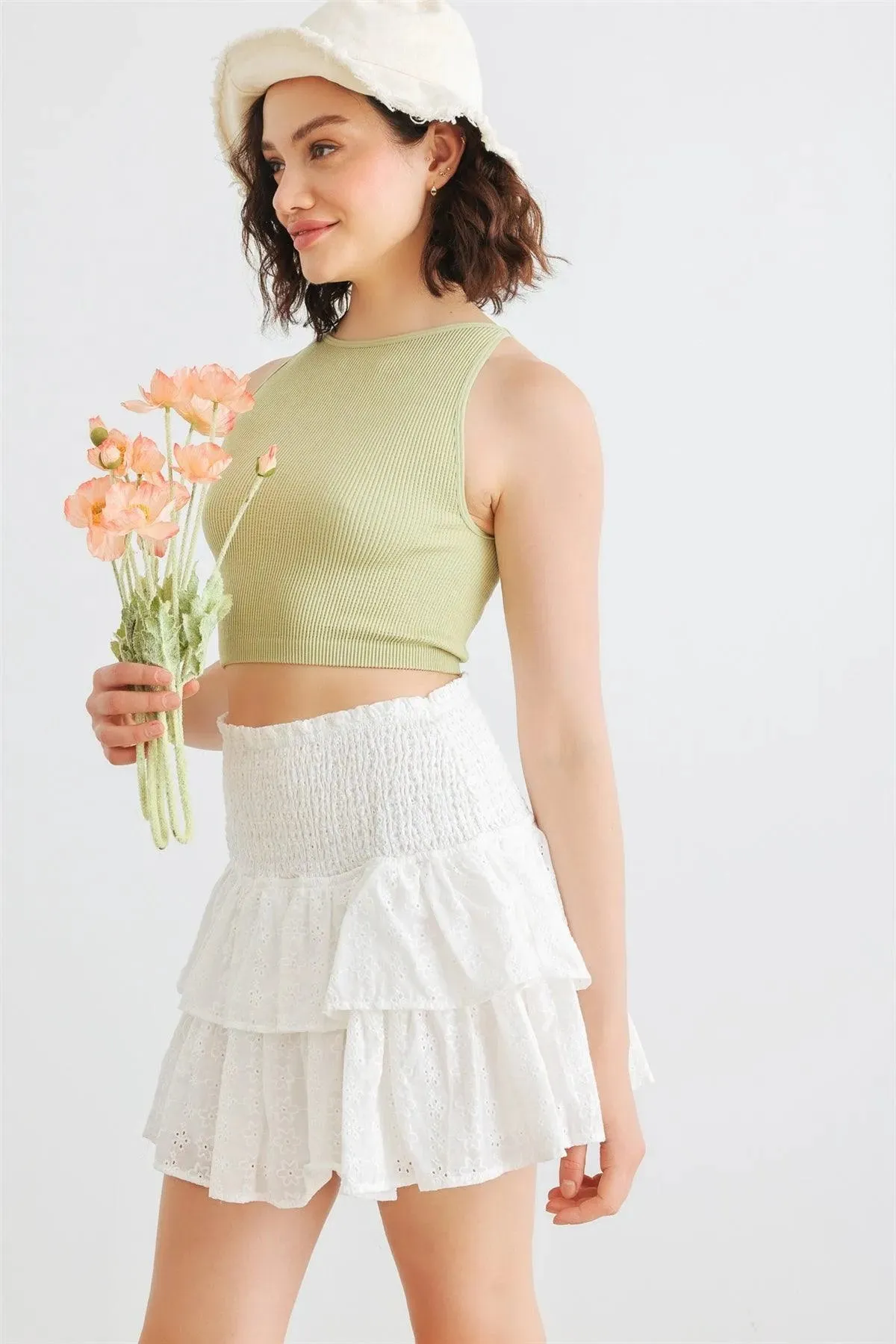 White Floral Cotton Smocked Tiered Mini Skirt /1-3-2-1