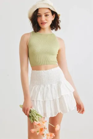 White Floral Cotton Smocked Tiered Mini Skirt /1-3-2-1