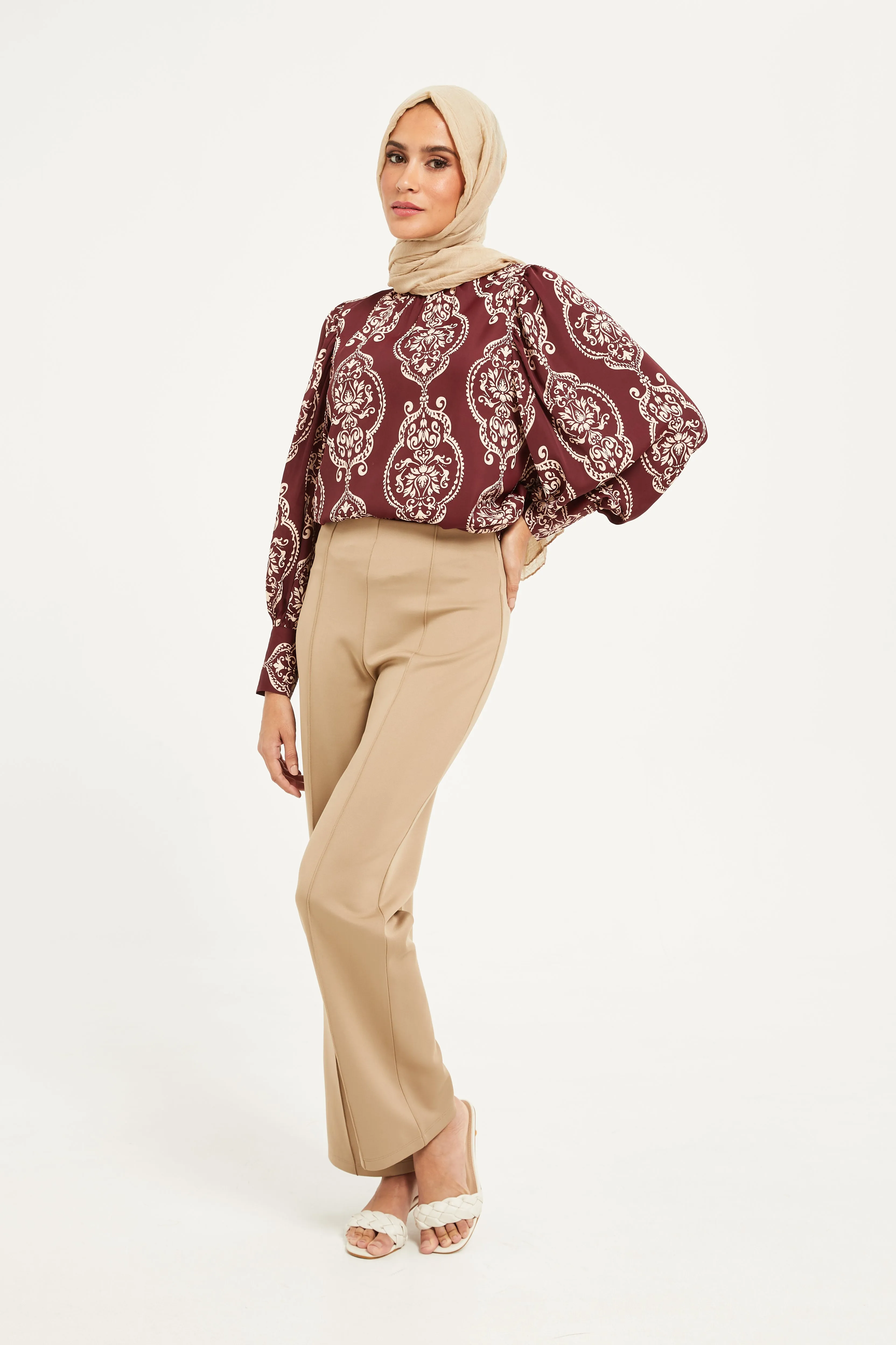 Women Burgundy Printed Back Tie Neck Blouse