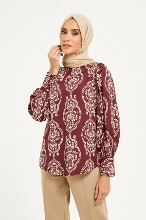 Women Burgundy Printed Back Tie Neck Blouse