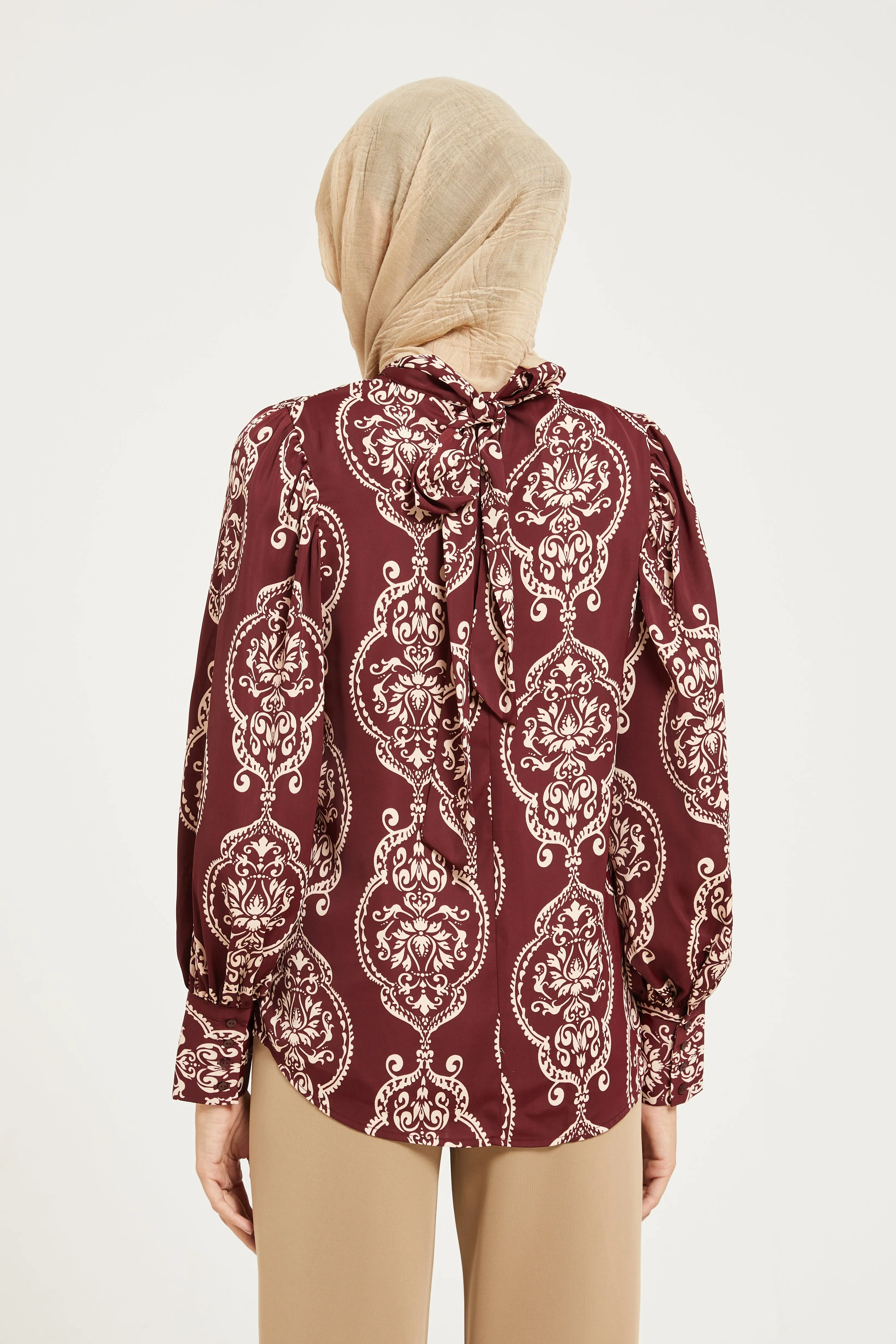 Women Burgundy Printed Back Tie Neck Blouse