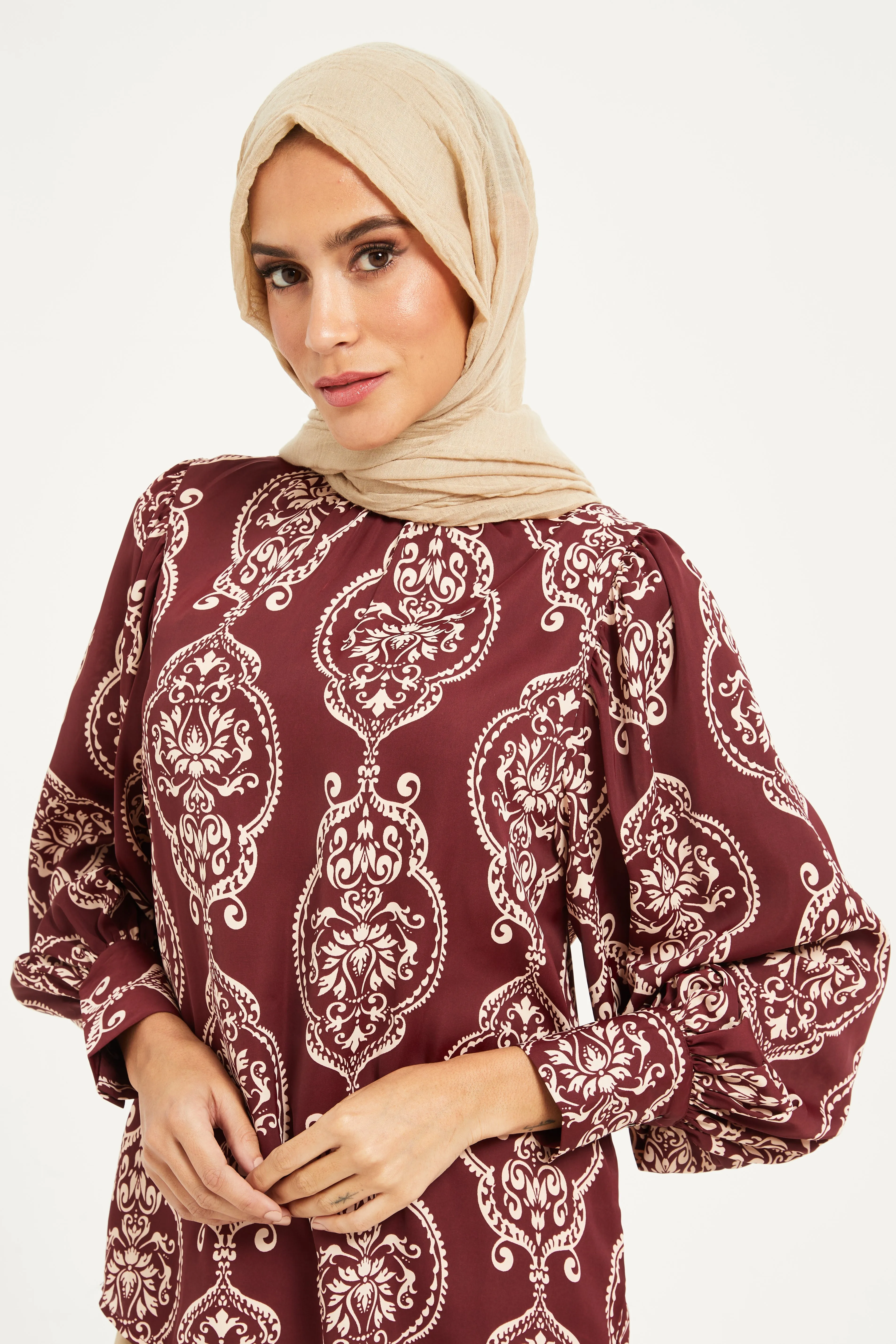 Women Burgundy Printed Back Tie Neck Blouse