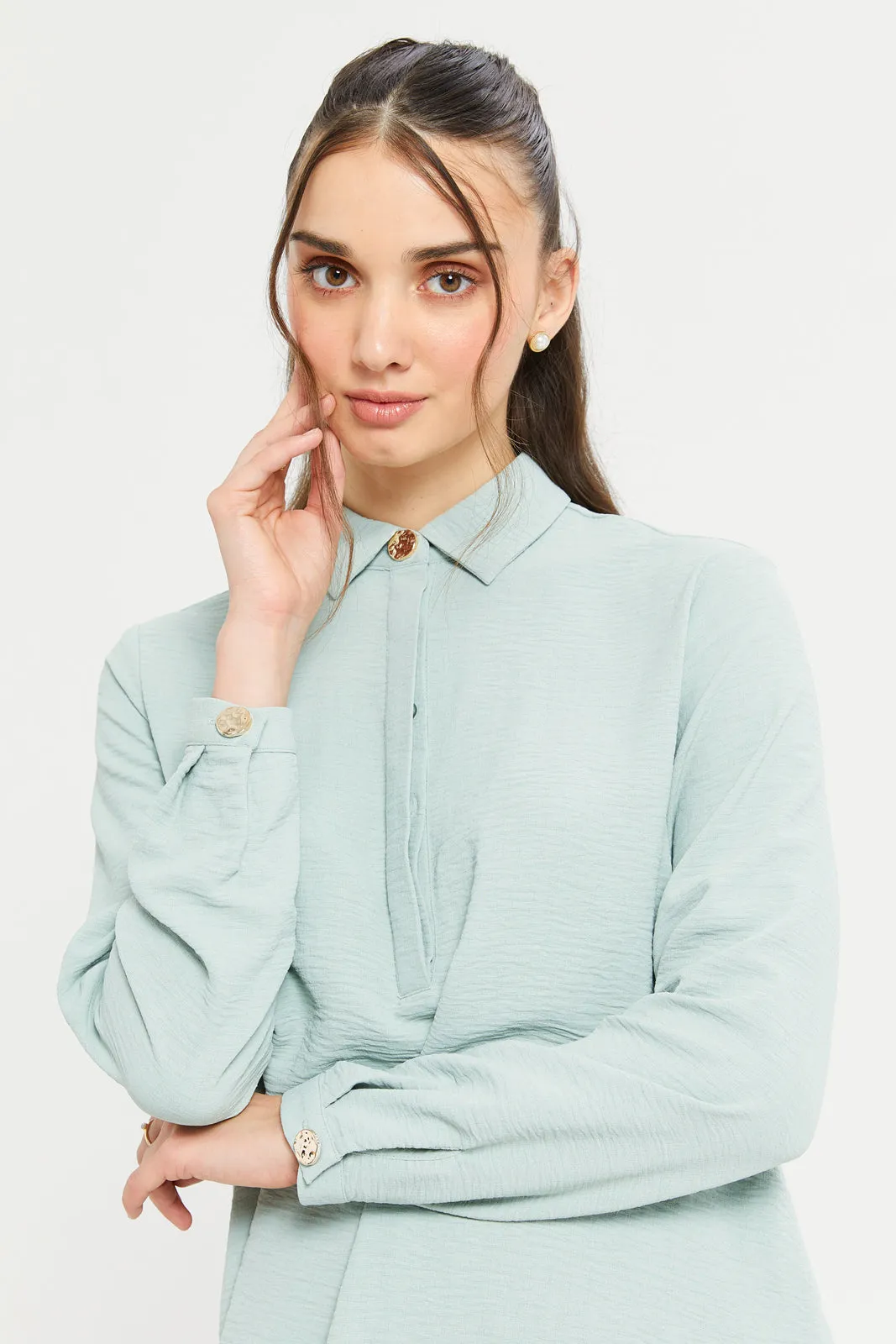 Women Mint Button Embellished Shirt