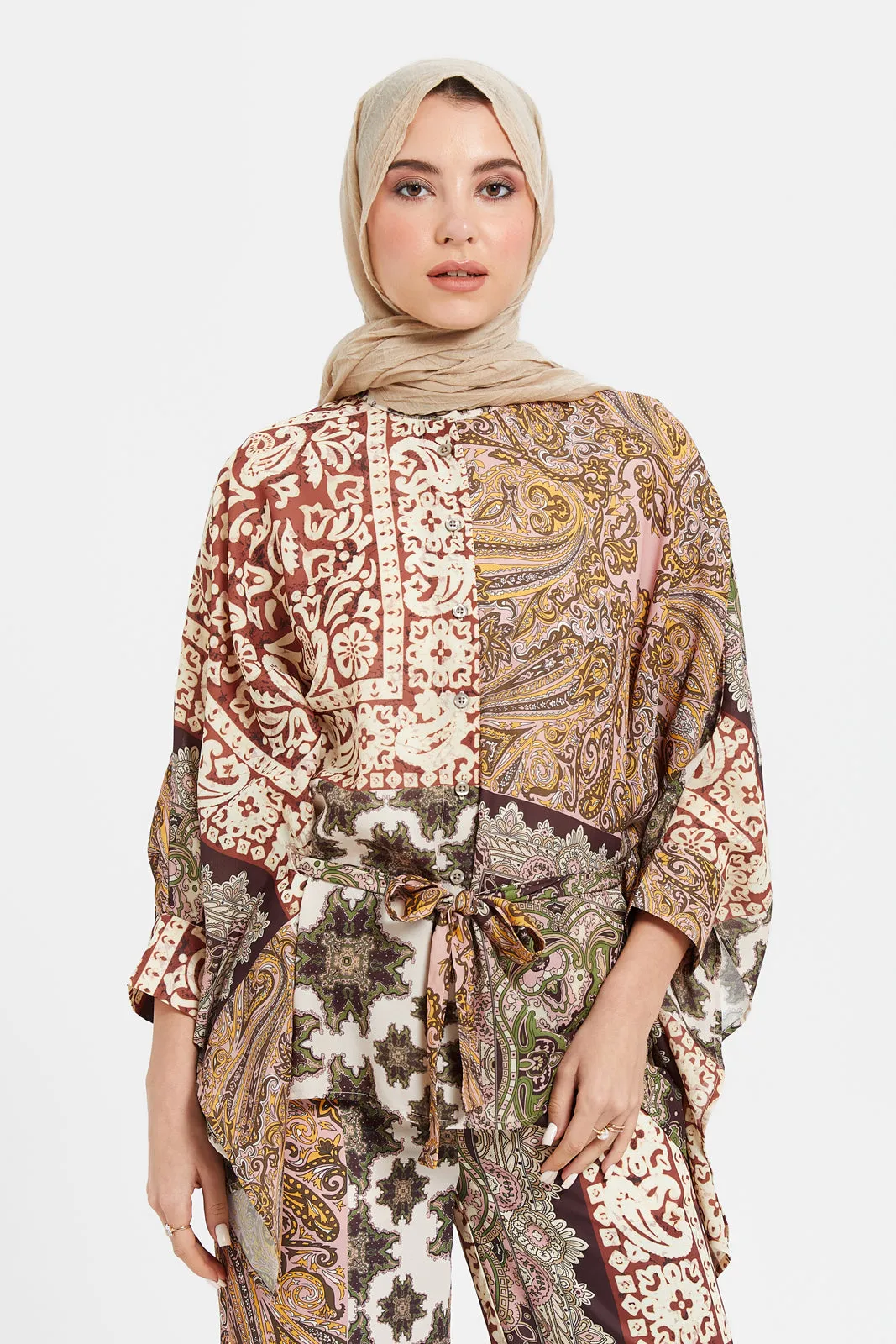 Women Multicolour Front Tie Printed Kaftan Blouse