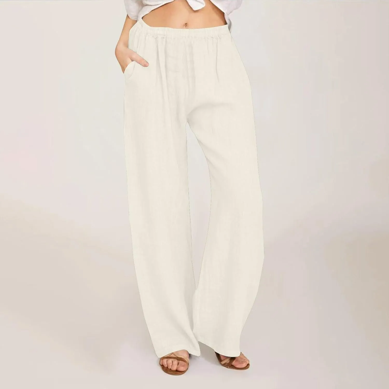 Womens Cotton Linen Wide Leg Palazzo Pants Loose Casual High Waisted Slacks Lightweight Summer Trousers with Pockets