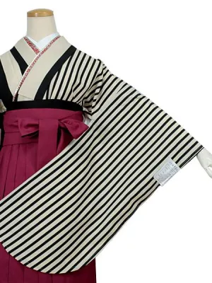 Women's Washable Nishakusode Kimono for Hakama - Black x Ivory Stripe